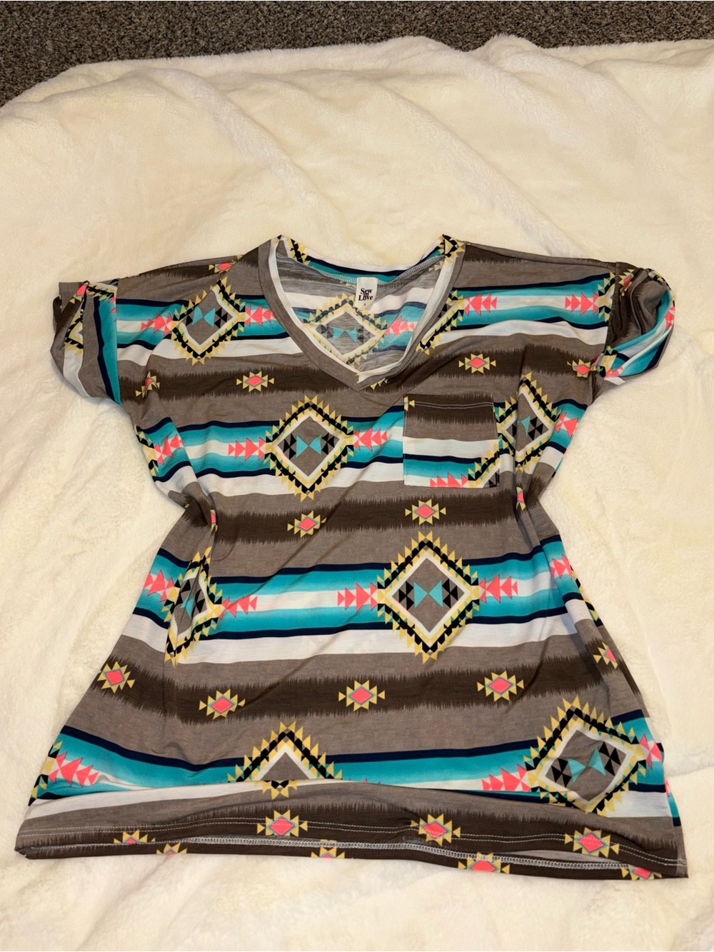 Sew In Love Aztec Stripe V-Neck Pocket Tee in Turquoise, Brown & Coral